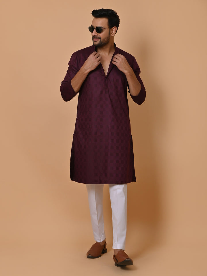 Checked Wine Kurta Set - KM36995-7