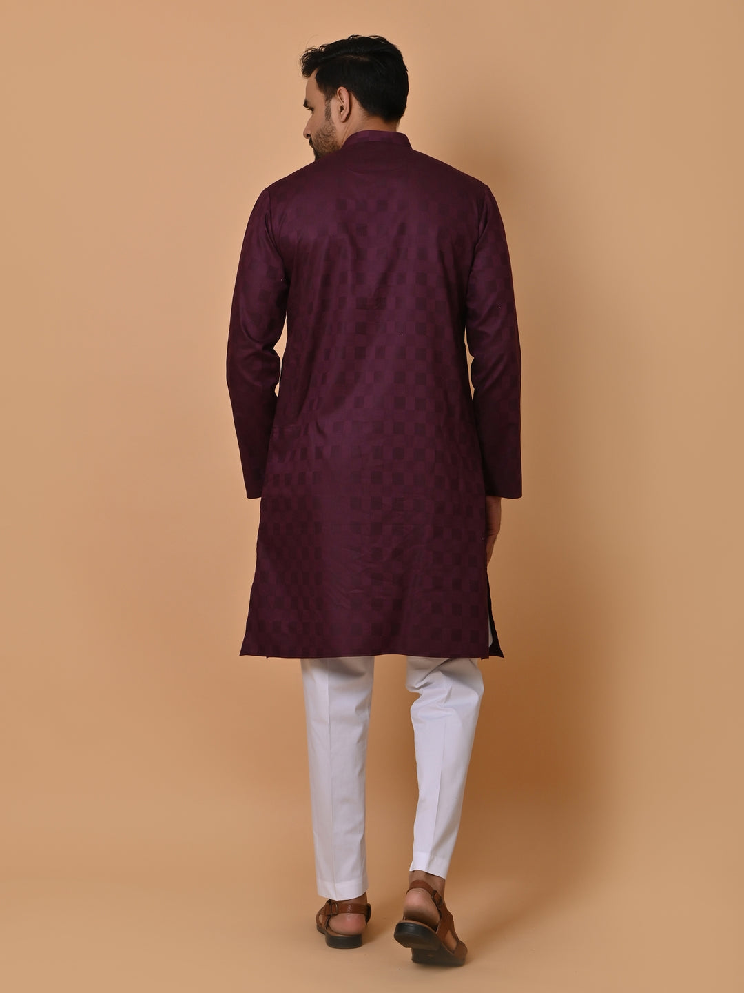 Checked Wine Kurta Set - KM36995-7