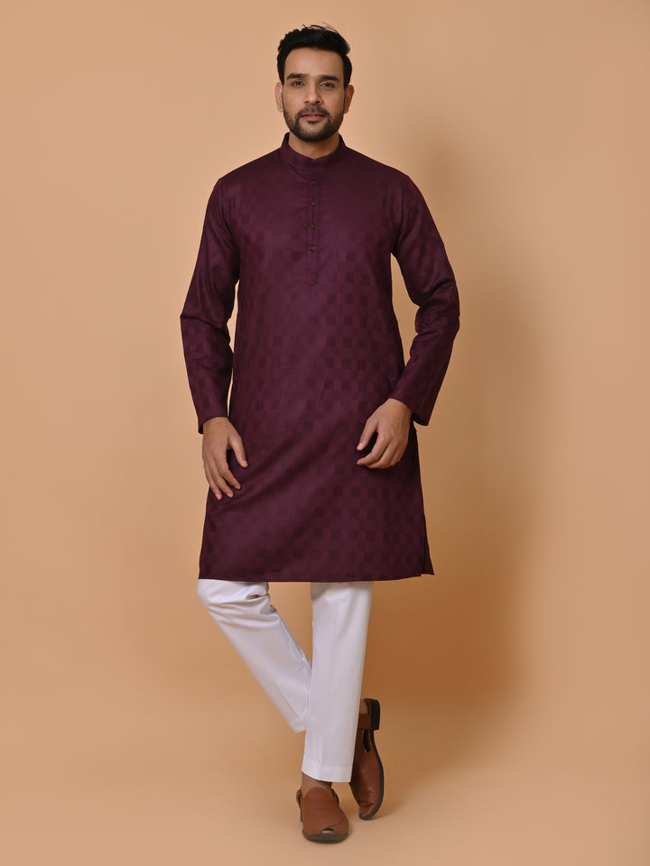 Checked Wine Kurta Set - KM36995-7