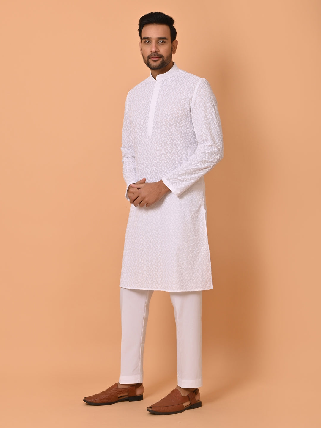 Leafs White Kurta Set - KM26165-W390