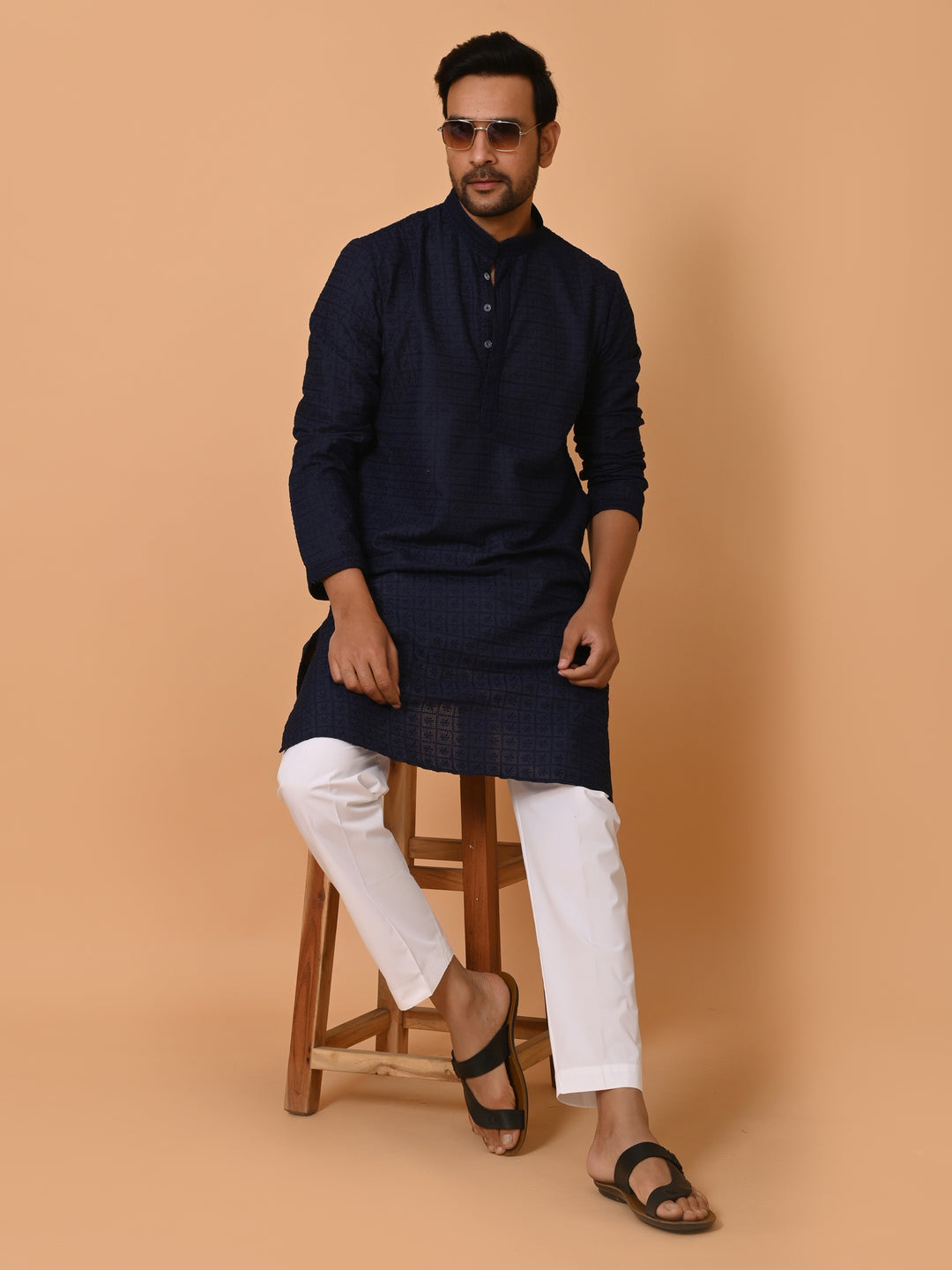 Chikan Navy Blue Kurta Set - KM36328-NB3