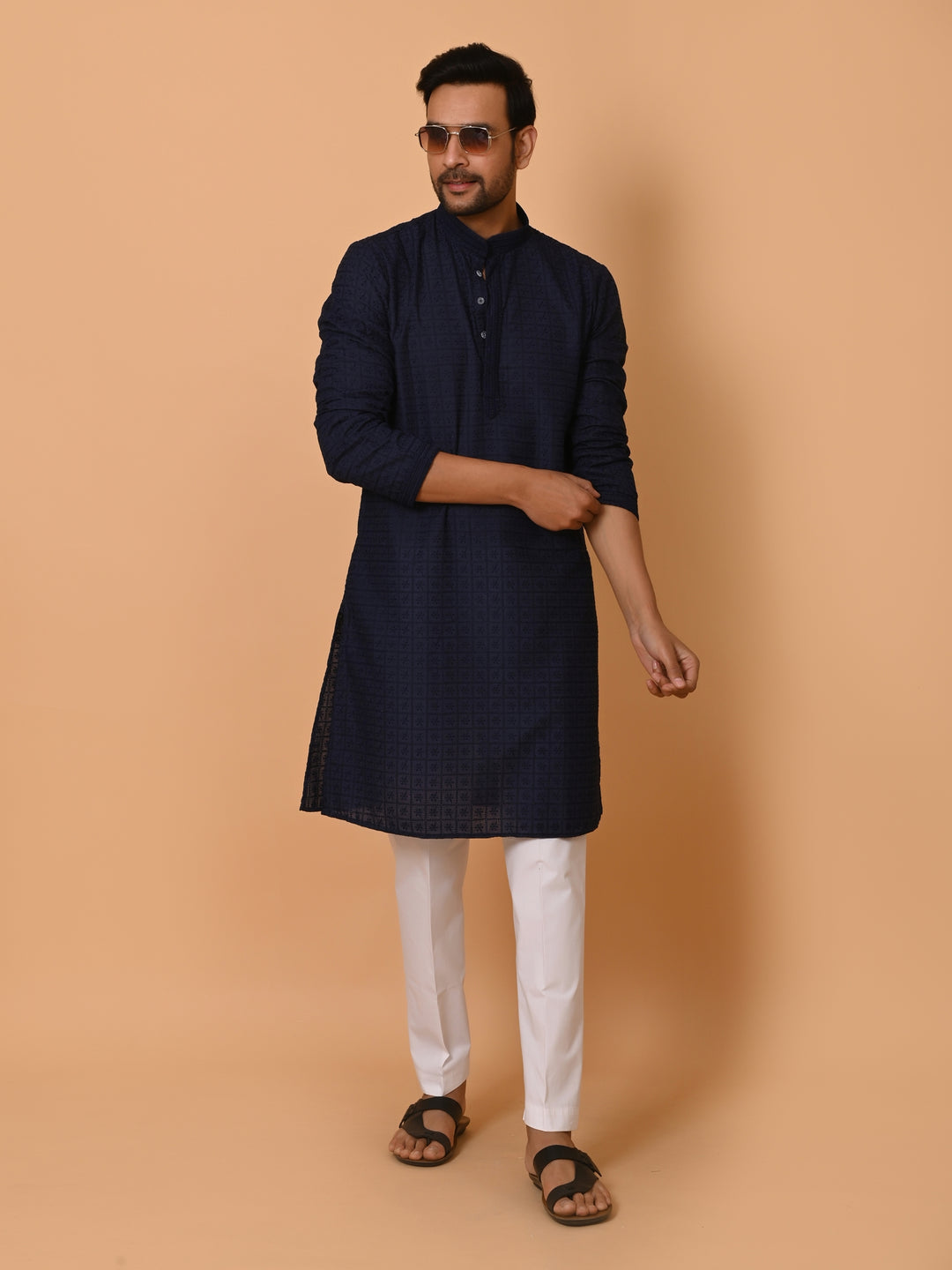 Chikan Navy Blue Kurta Set - KM36328-NB3