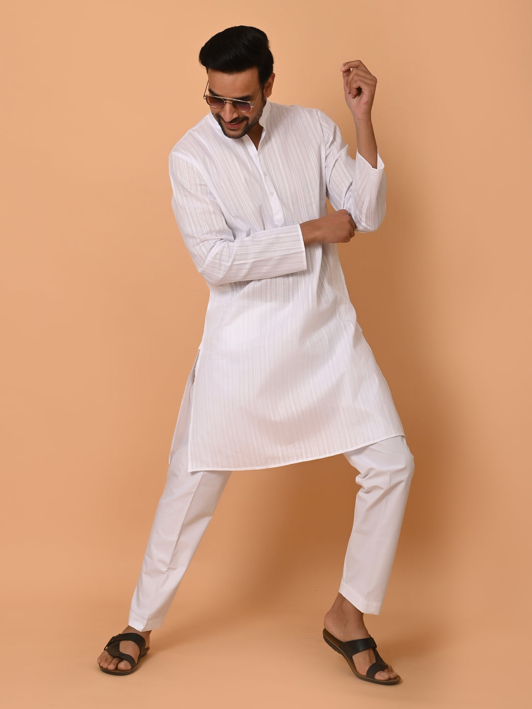 Striped White Kurta Set - KM37231-1