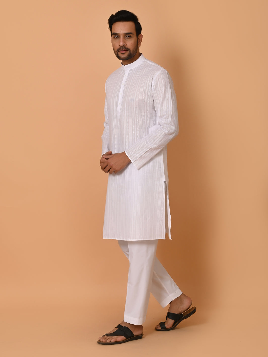 Striped White Kurta Set - KM37231-1