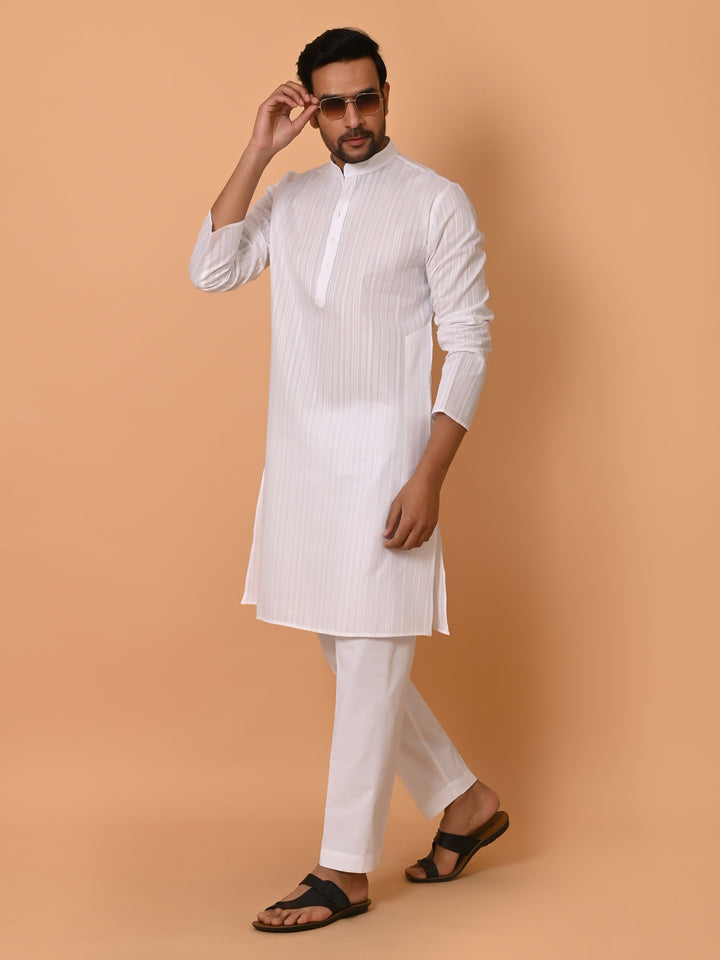 Striped White Kurta Set - KM37231-1