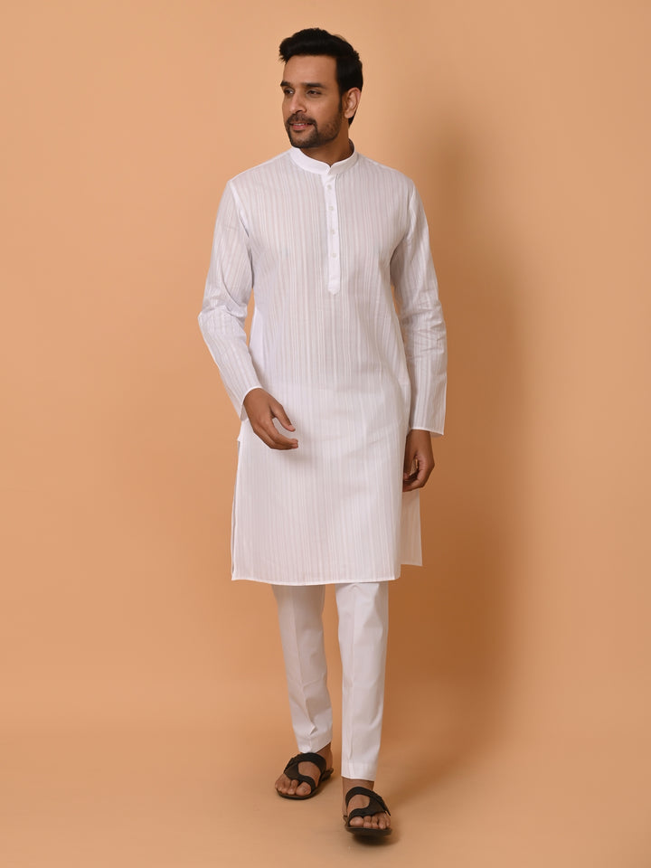 Striped White Kurta Set - KM37231-1