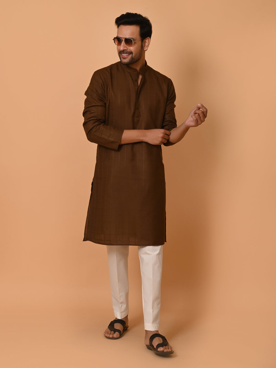 Checked Brown Kurta Set - KM37233-1