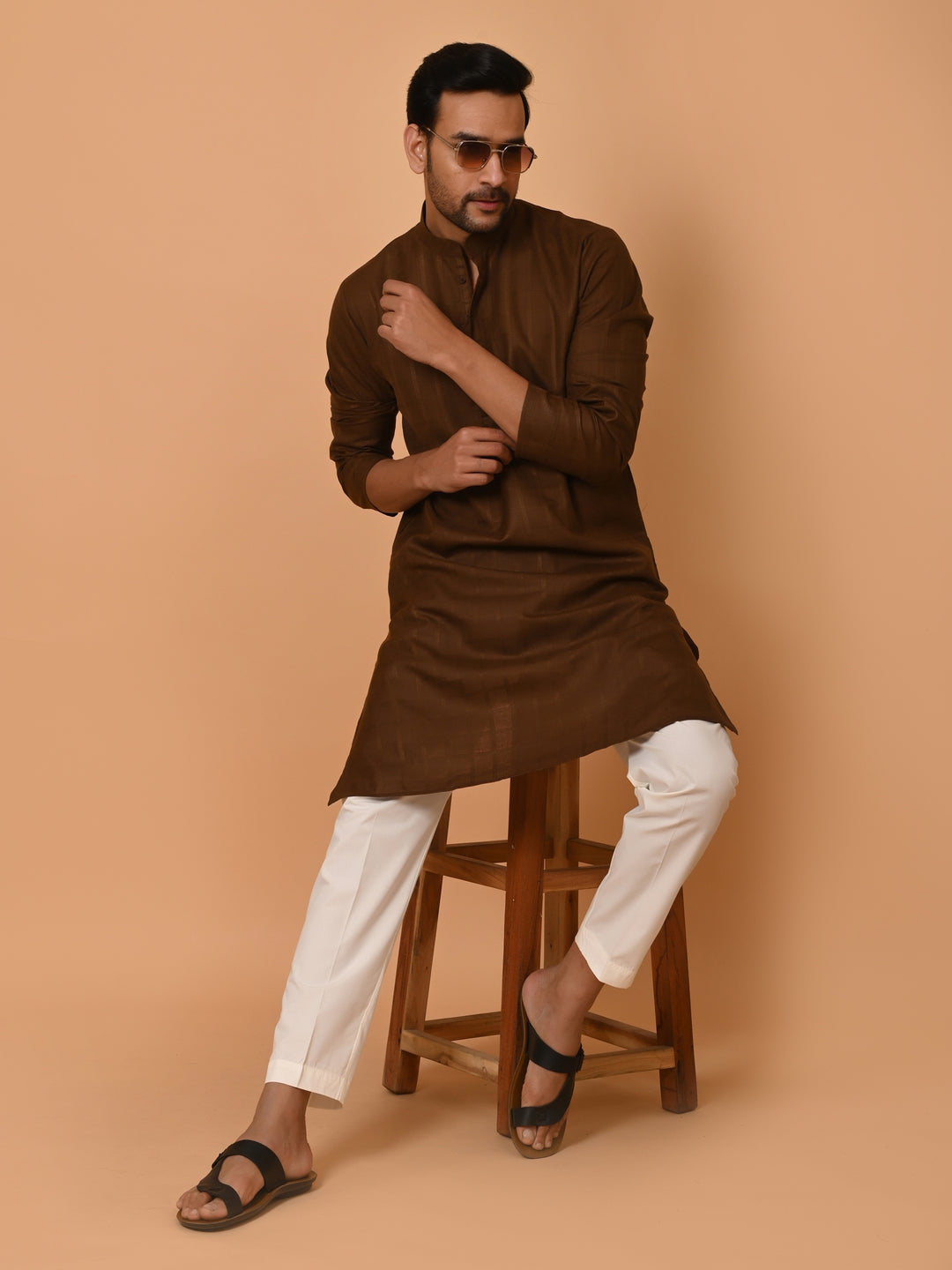 Checked Brown Kurta Set - KM37233-1