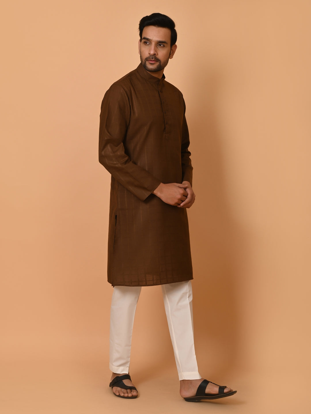Checked Brown Kurta Set - KM37233-1