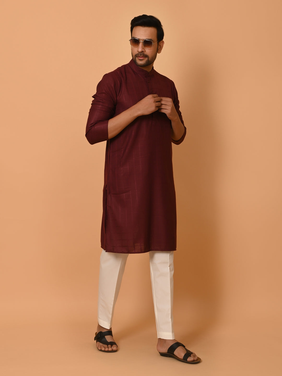 Checked Wine Kurta Set - KM37233-4