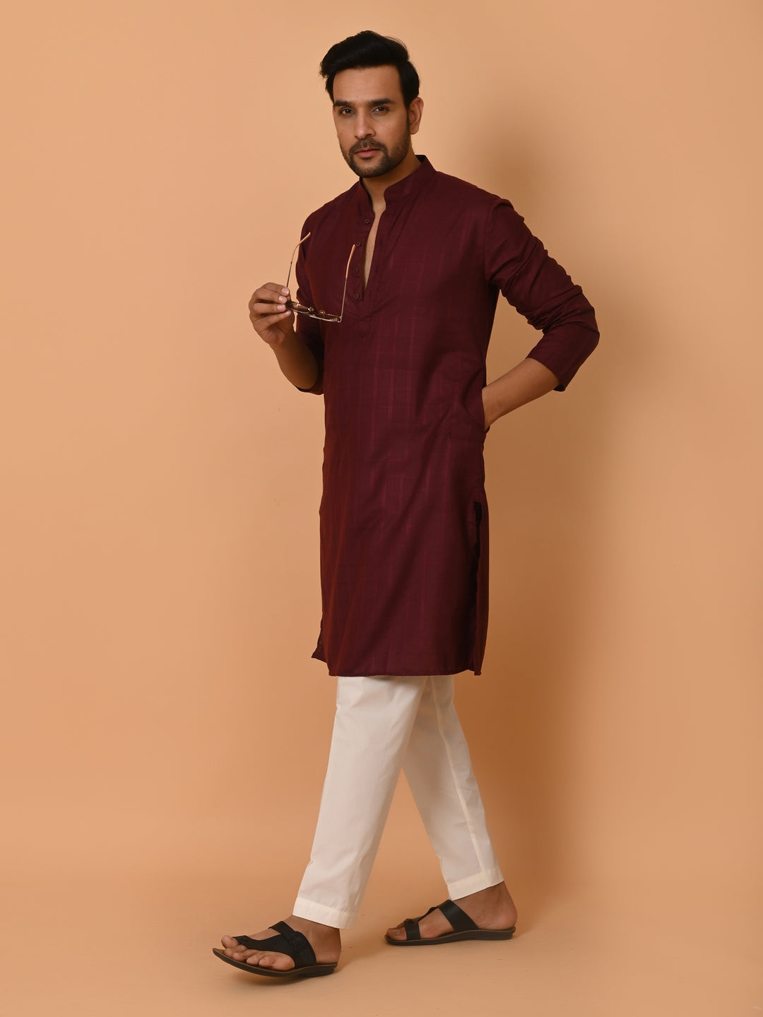 Checked Wine Kurta Set - KM37233-4