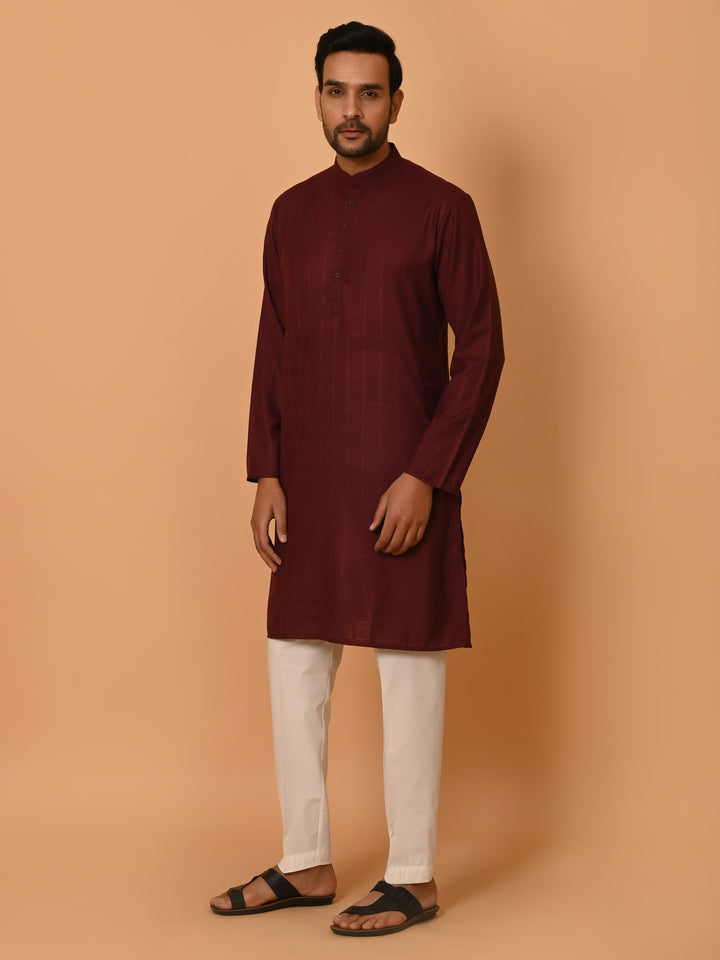 Checked Wine Kurta Set - KM37233-4