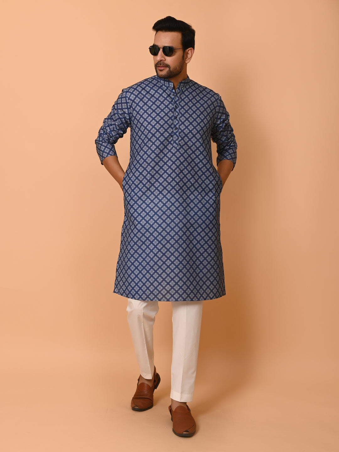 Checked Navy Blue Kurta Set - KM37737-128