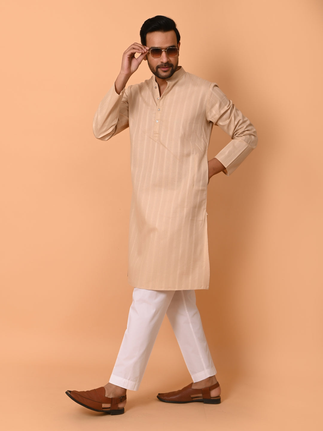 Striped Beige Kurta Set - KM37781-4