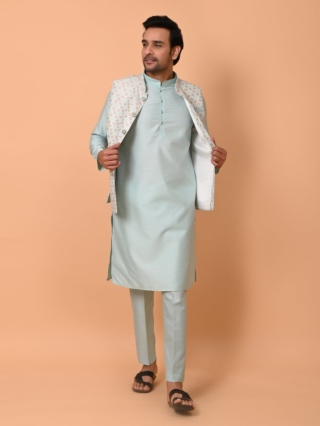 Floral Blue Jacket Kurta Set - JM36726-60A