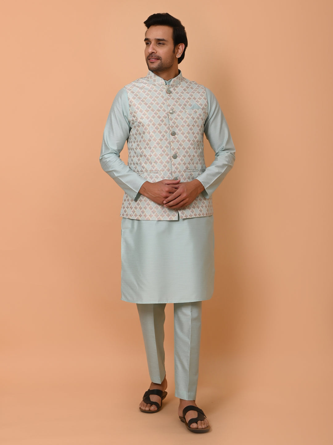 Floral Blue Jacket Kurta Set - JM36726-60A