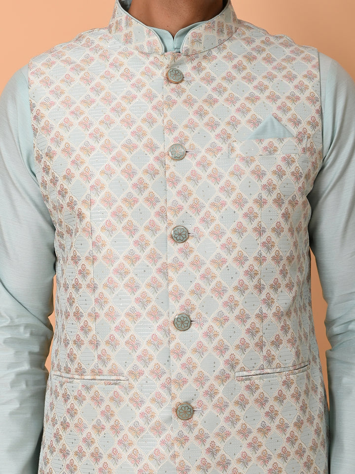 Floral Blue Jacket Kurta Set - JM36726-60A