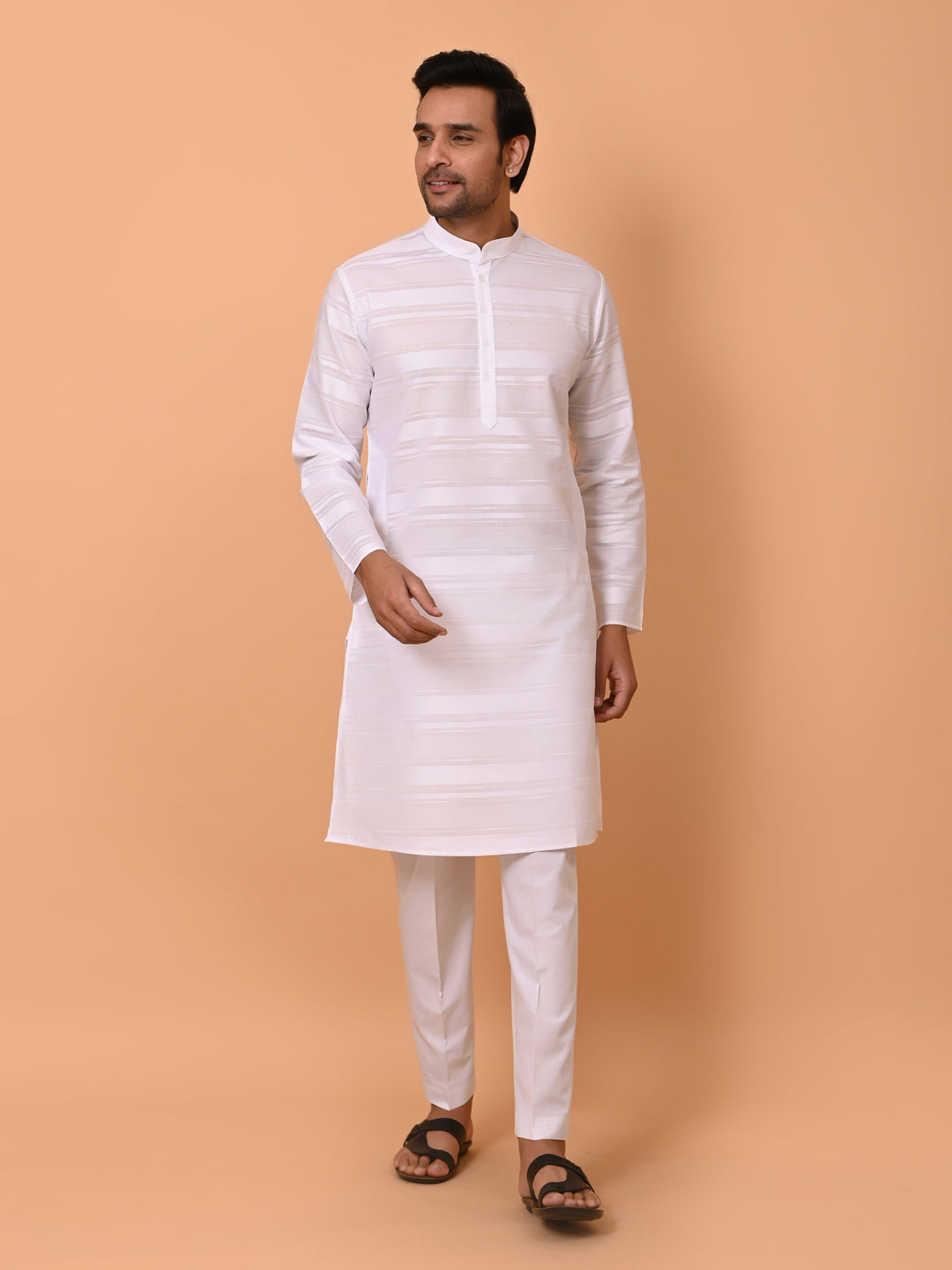 Striped White Kurta Set - KM38033-1