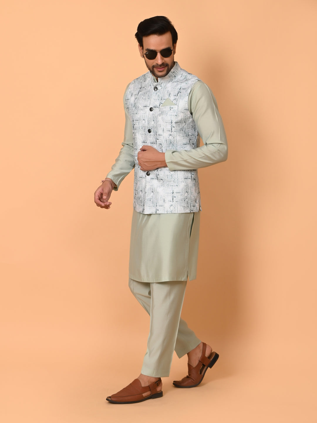 Textured Pista Jacket Kurta Set - JM37591-36