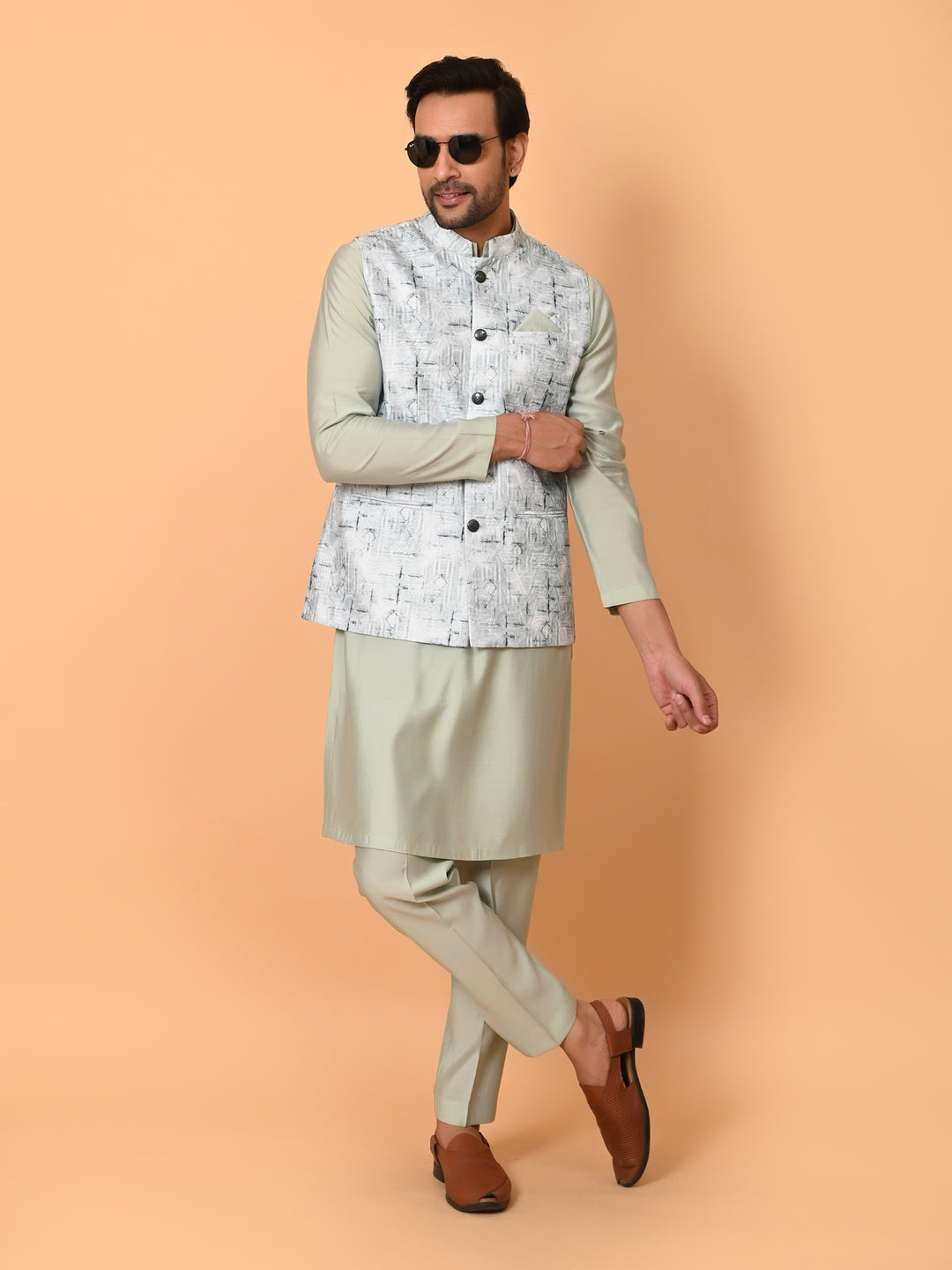 Textured Pista Jacket Kurta Set - JM37591-36