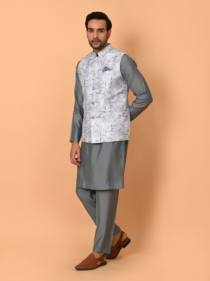 Textured Grey Jacket Kurta Set - JM37591-35