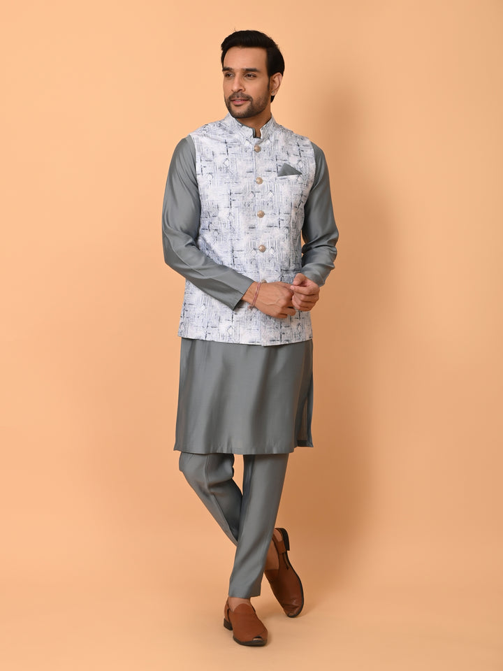 Textured Grey Jacket Kurta Set - JM37591-35