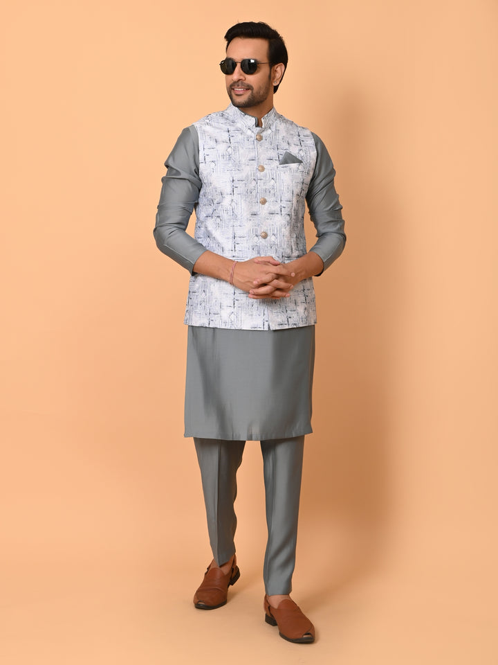 Textured Grey Jacket Kurta Set - JM37591-35