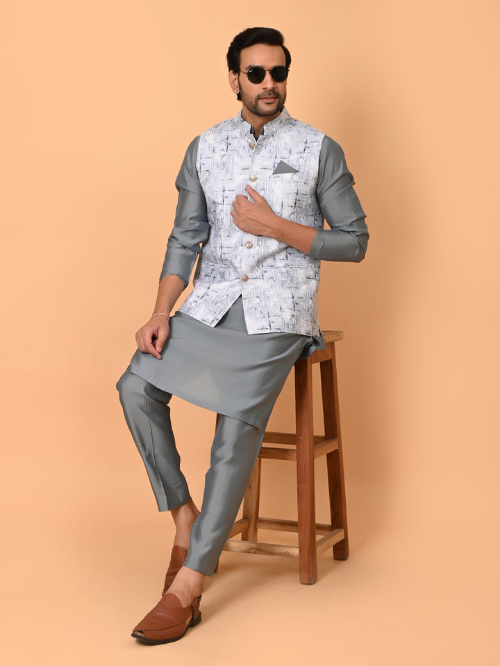 Textured Grey Jacket Kurta Set - JM37591-35