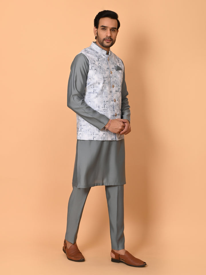 Textured Grey Jacket Kurta Set - JM37591-35