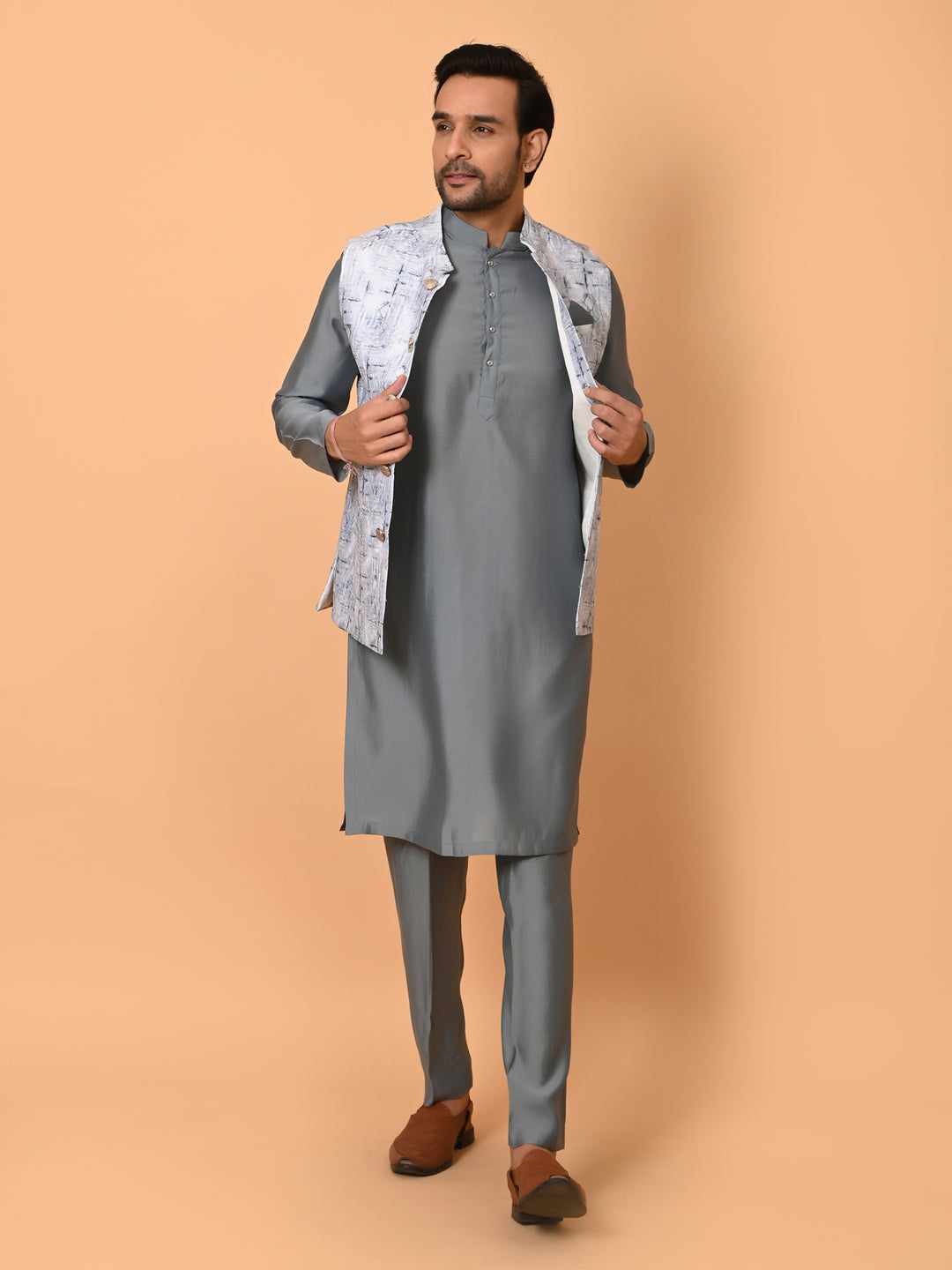 Textured Grey Jacket Kurta Set - JM37591-35