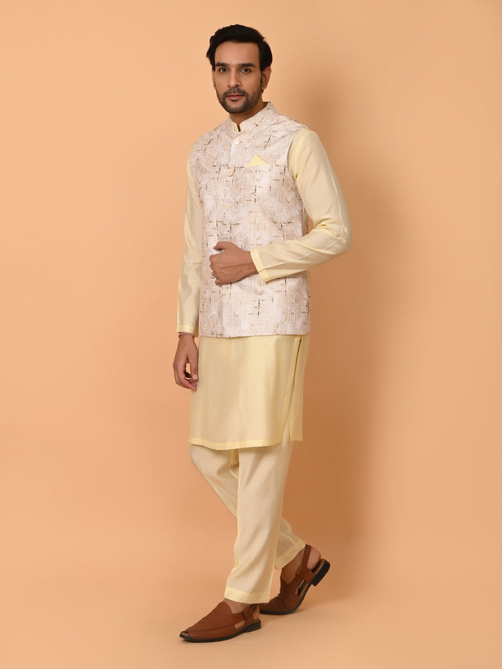 Textured Yellow Jacket Kurta Set - JM37591-34