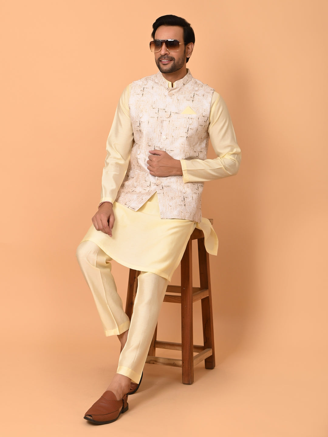 Textured Yellow Jacket Kurta Set - JM37591-34