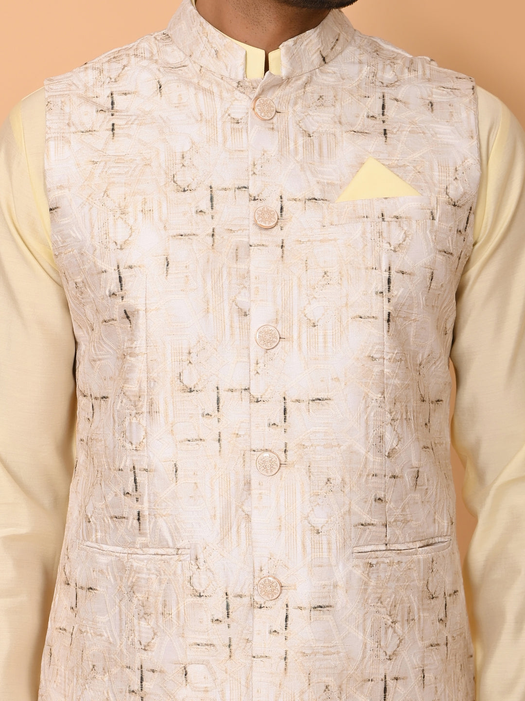 Textured Yellow Jacket Kurta Set - JM37591-34