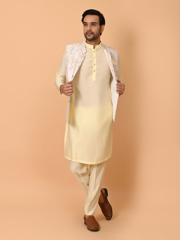 Textured Yellow Jacket Kurta Set - JM37591-34