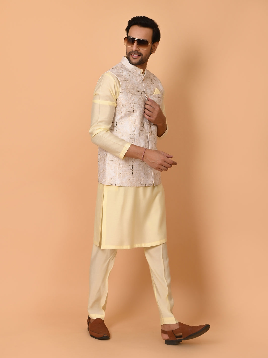 Textured Yellow Jacket Kurta Set - JM37591-34