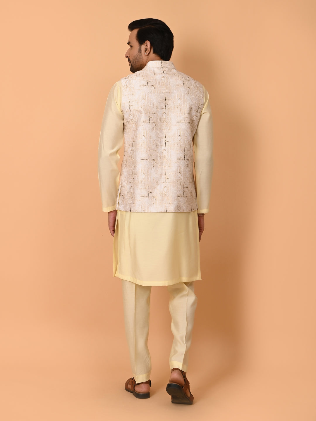 Textured Yellow Jacket Kurta Set - JM37591-34