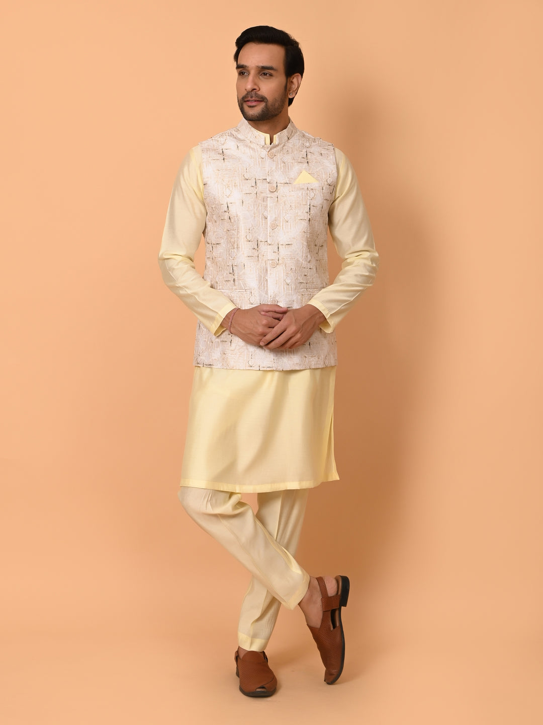 Textured Yellow Jacket Kurta Set - JM37591-34