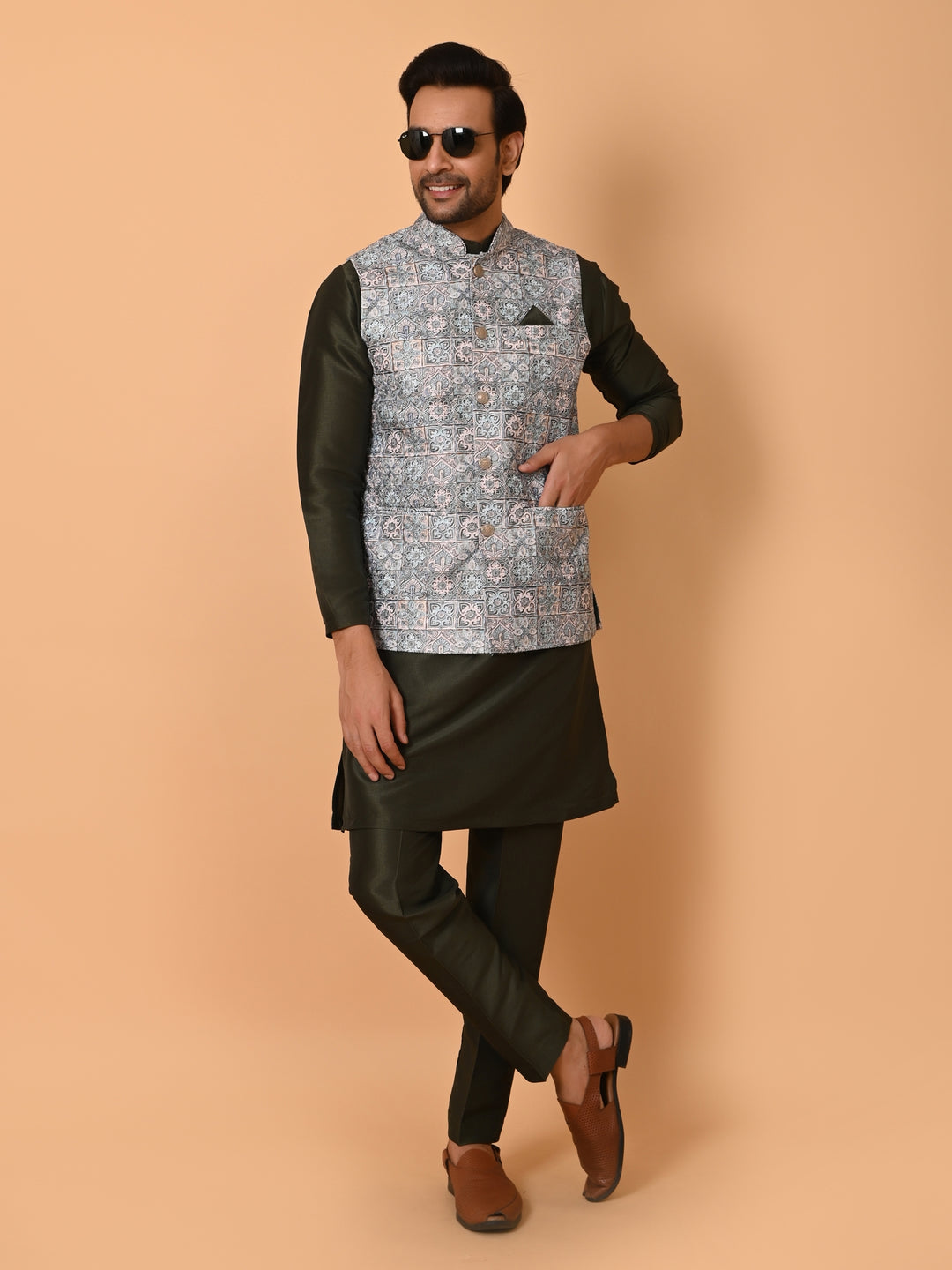 Ethnic Motifs Green Jacket Kurta Set - JM36807-GB677