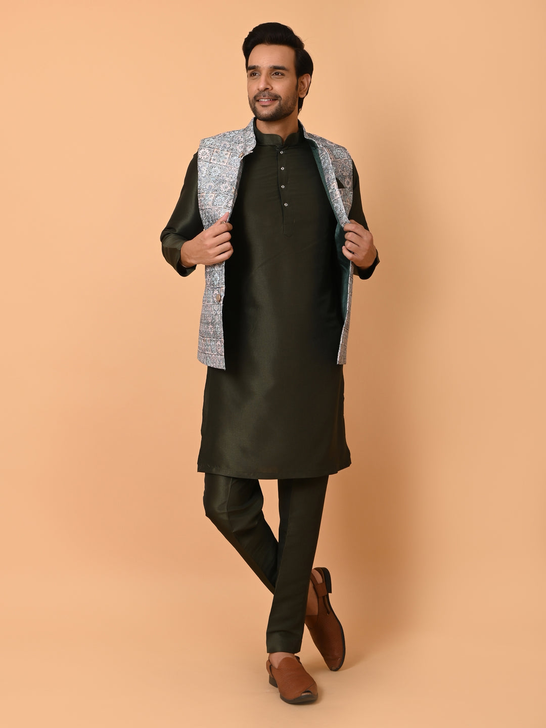 Ethnic Motifs Green Jacket Kurta Set - JM36807-GB677