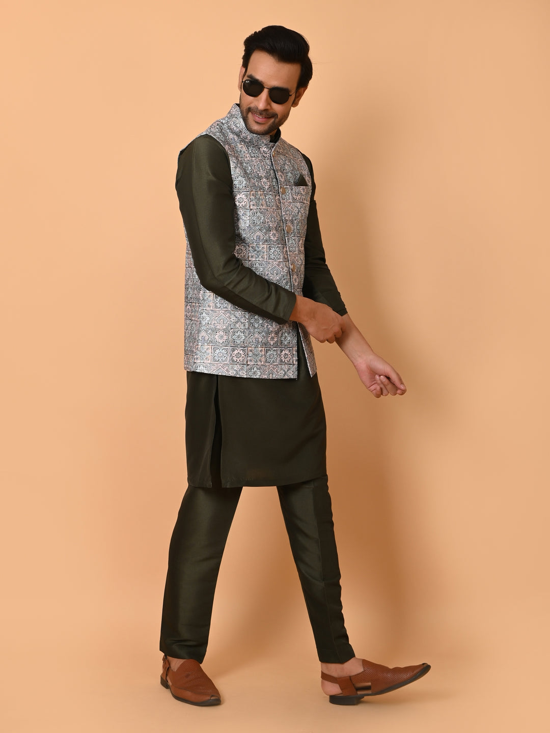 Ethnic Motifs Green Jacket Kurta Set - JM36807-GB677