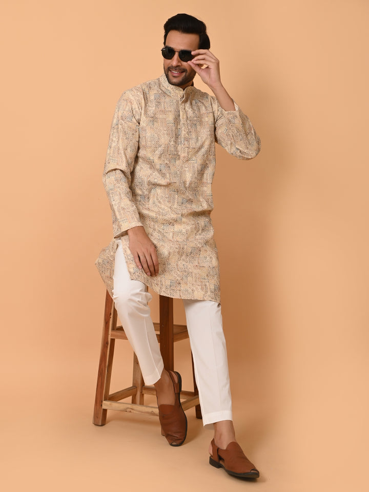 Printed Chikan Beige Kurta Set - KM37907-9C