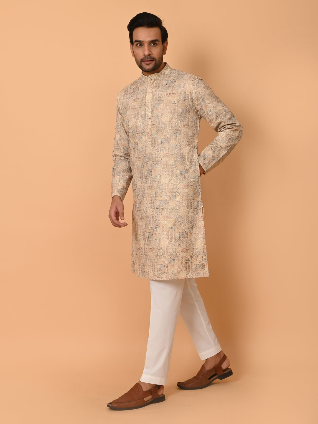 Printed Chikan Beige Kurta Set - KM37907-9C