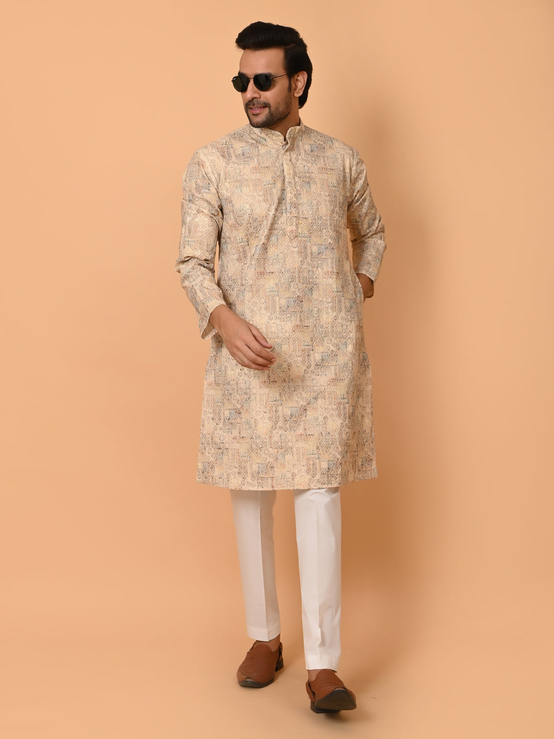 Printed Chikan Beige Kurta Set - KM37907-9C