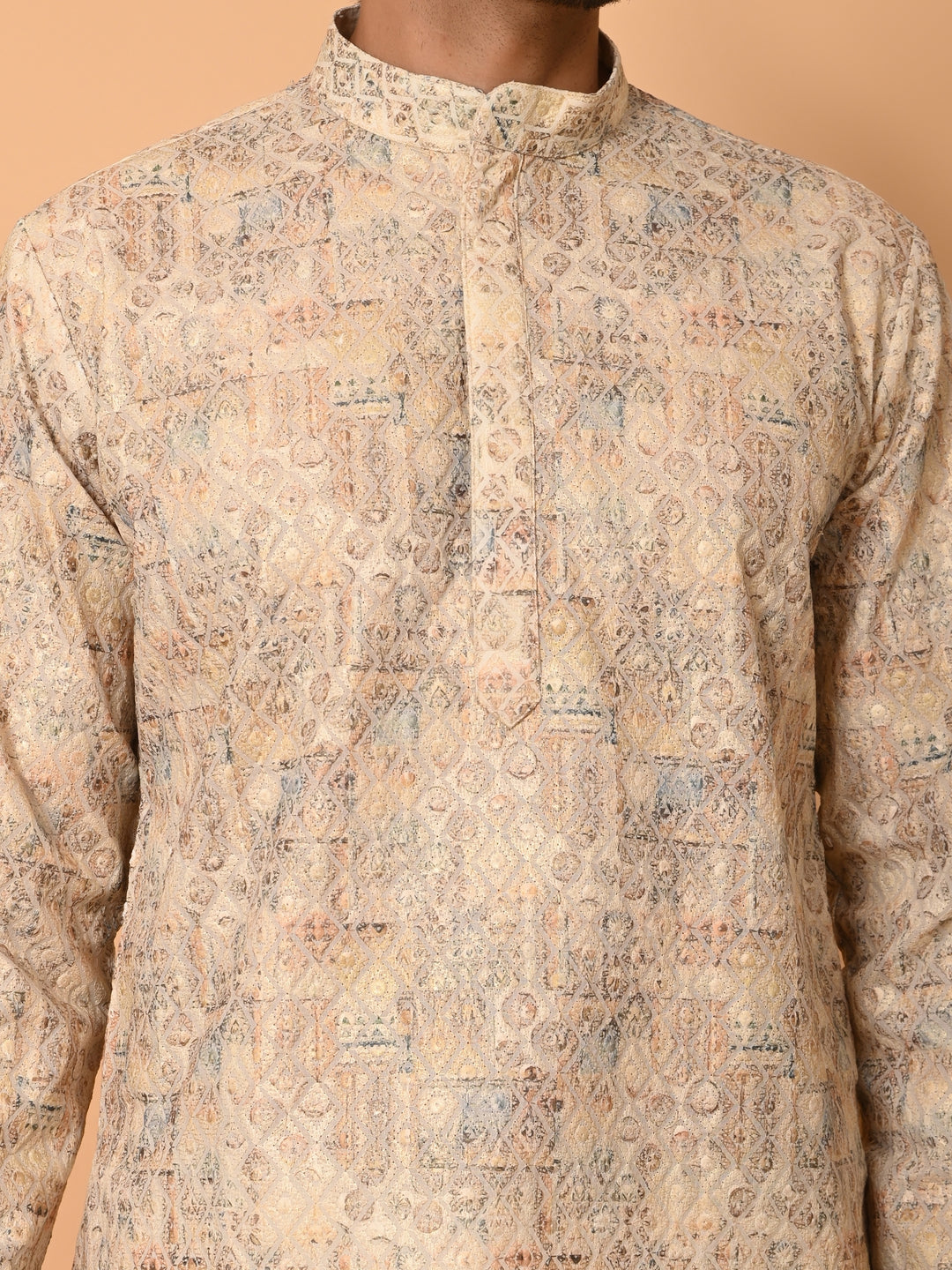 Printed Chikan Beige Kurta Set - KM37907-9C