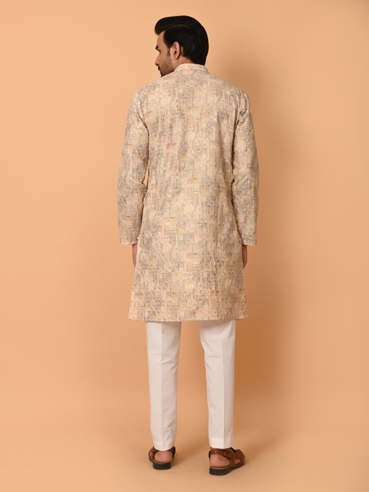 Printed Chikan Beige Kurta Set - KM37907-9C