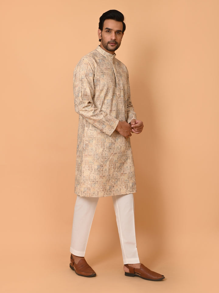 Printed Chikan Beige Kurta Set - KM37907-9C