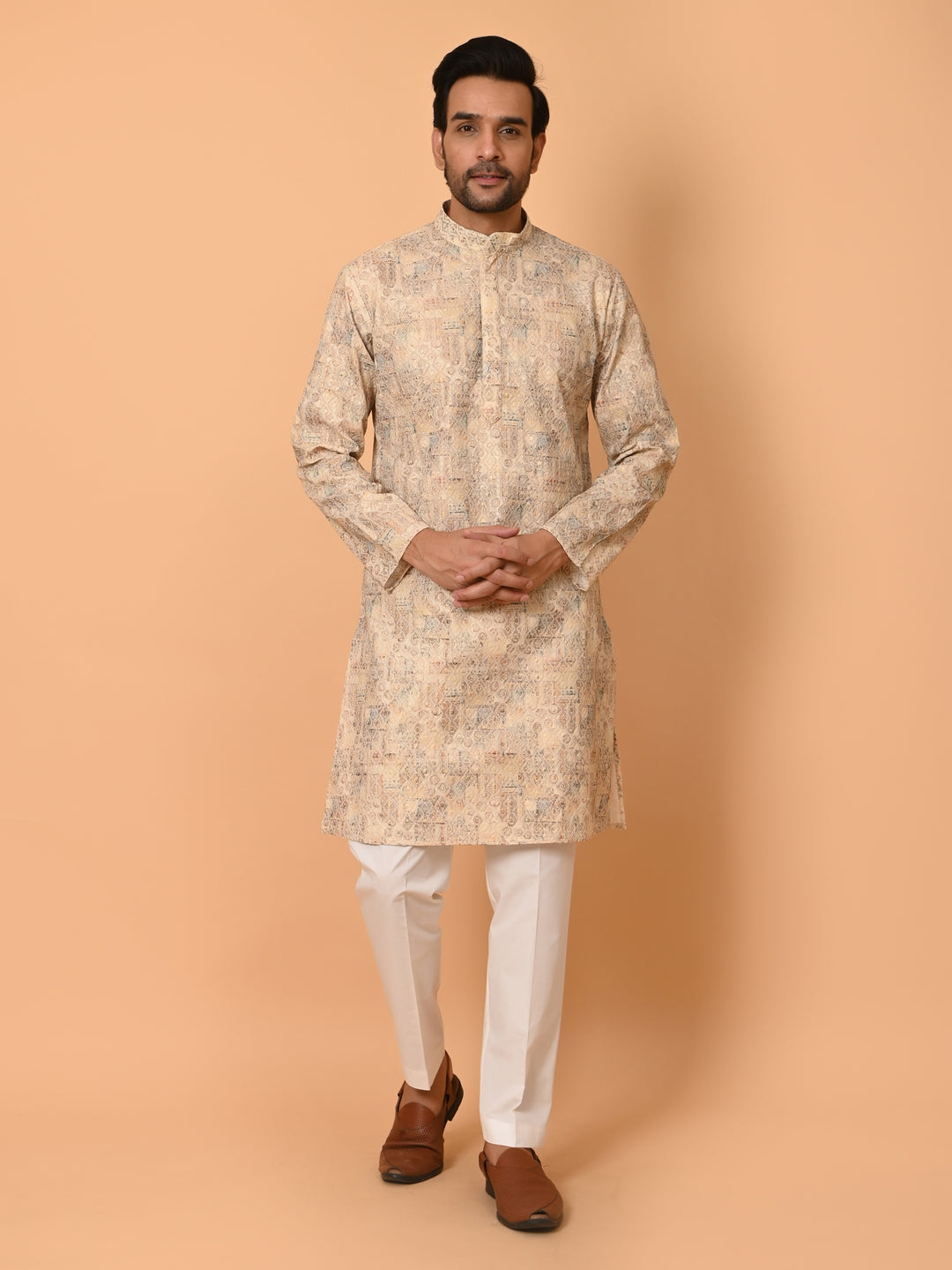 Printed Chikan Beige Kurta Set - KM37907-9C