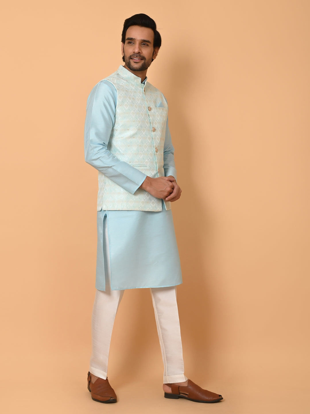 Geometric Blue Jacket Kurta Set - JM37384-5