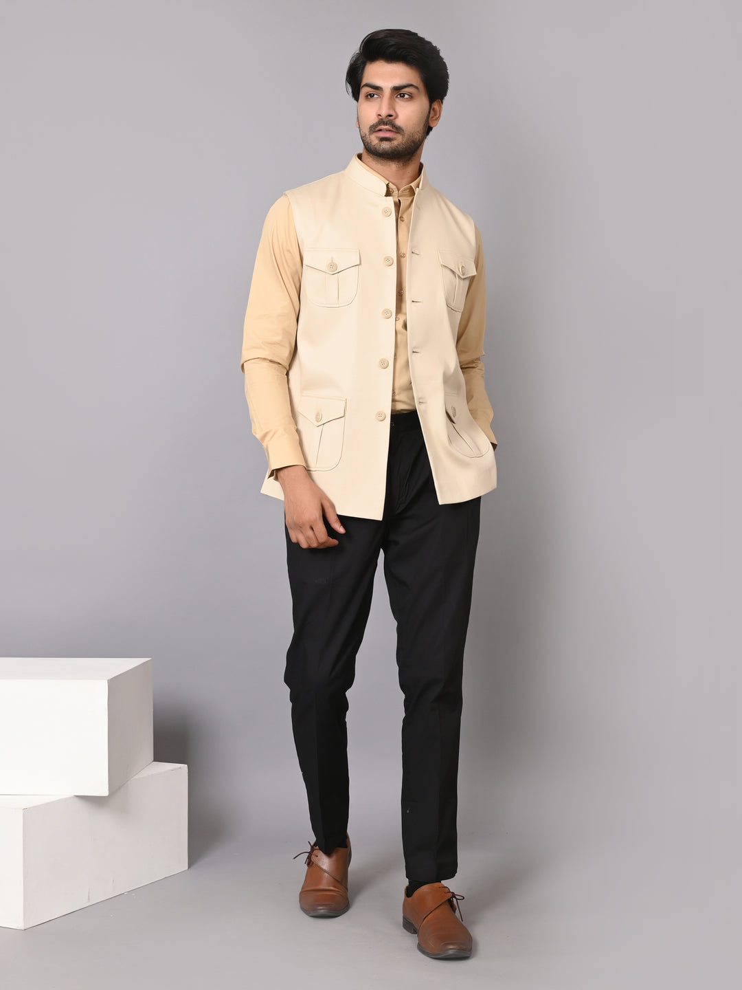 Solid Beige Nehru Jacket - B39167-151