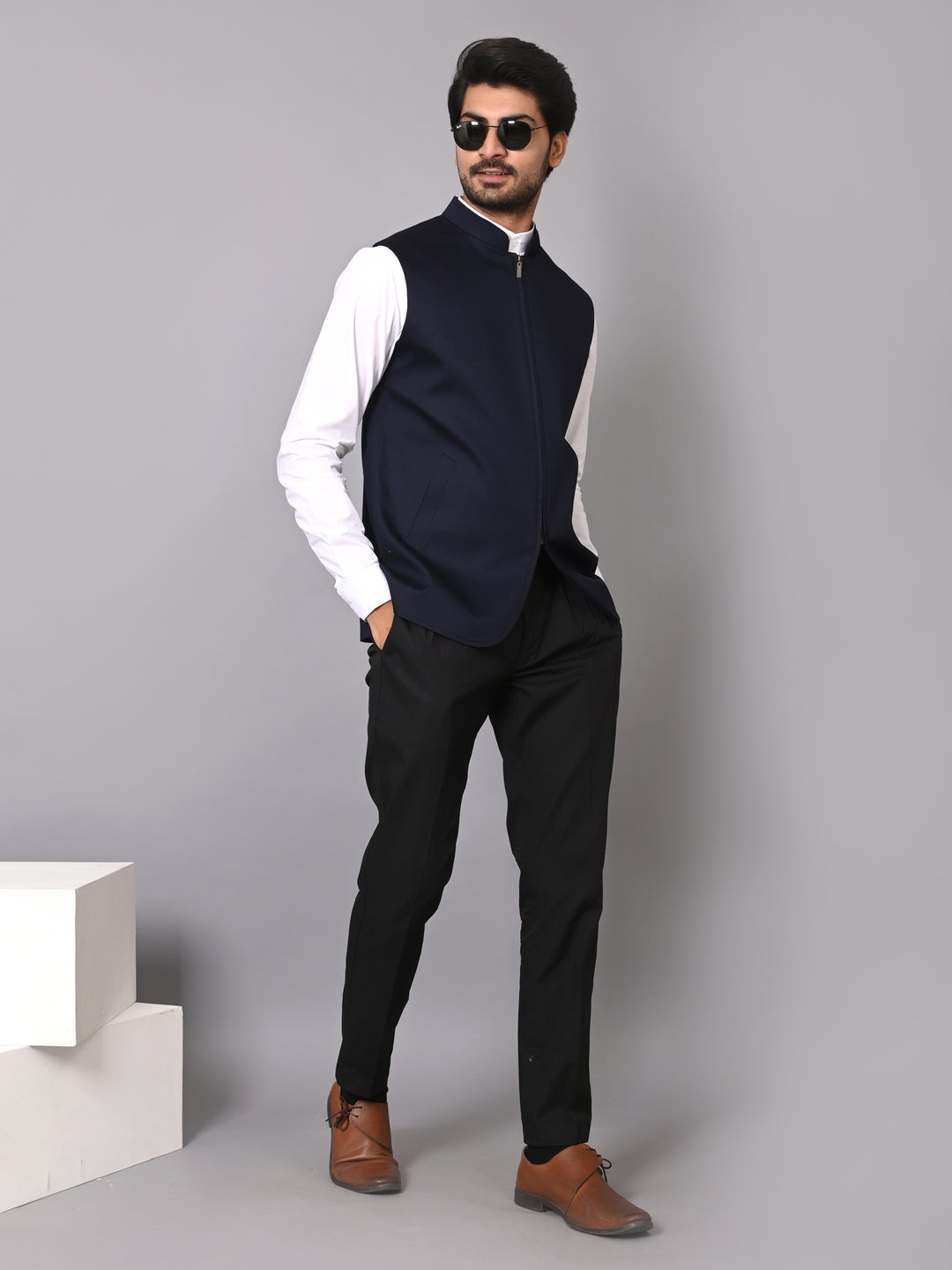 Solid Navy Blue Nehru Jacket - B39170-150